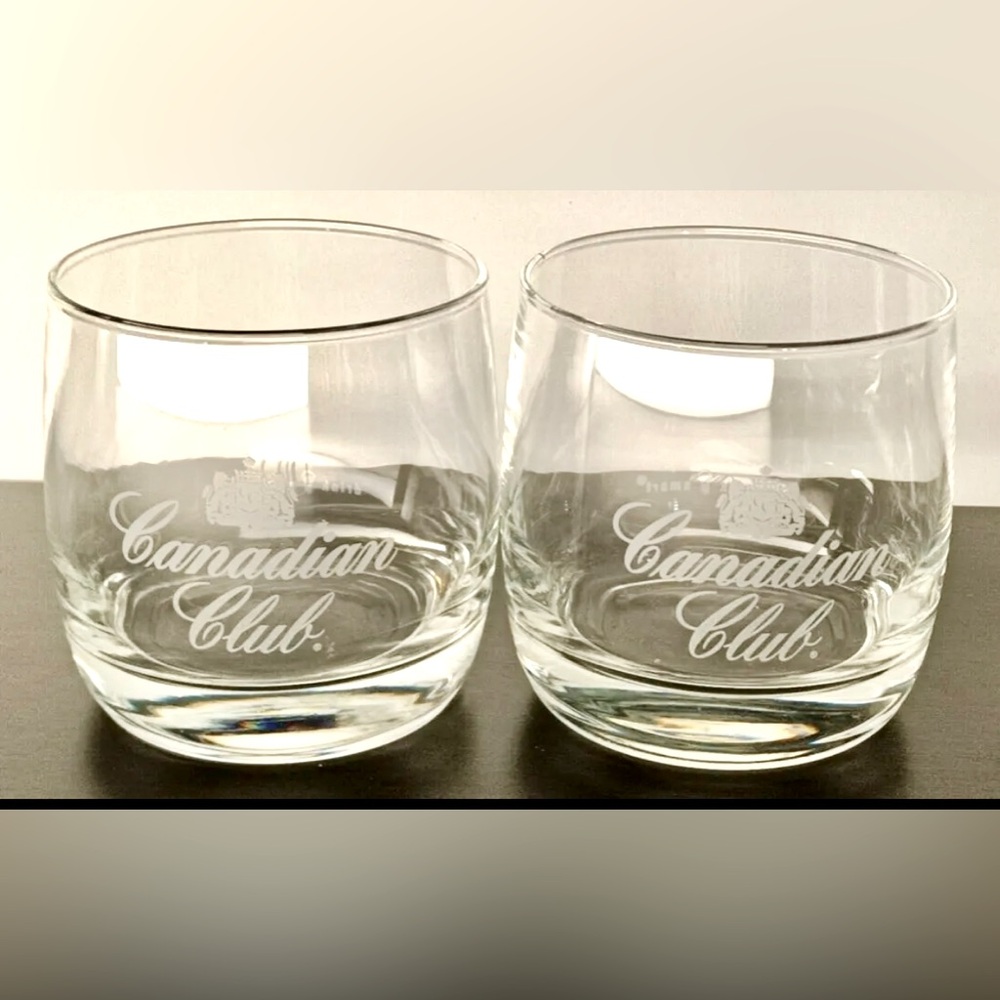 ✅ Canadian Club Set of 2 Vintage Low Ball Etched Whiskey Scotch Glasses